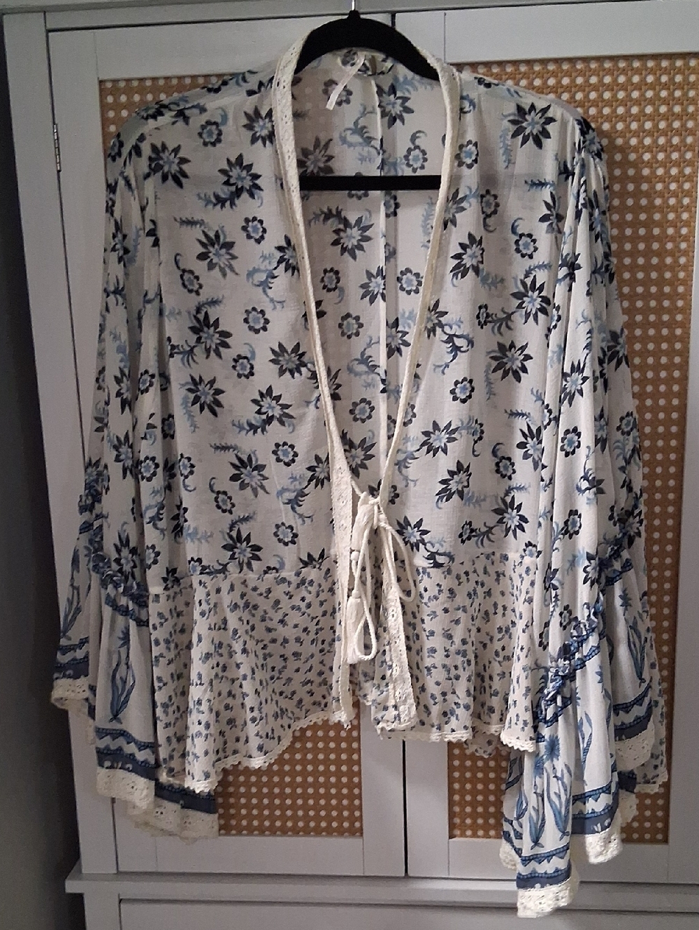 Free People Cream and Blue Floral Tie-Front Boho Blouse